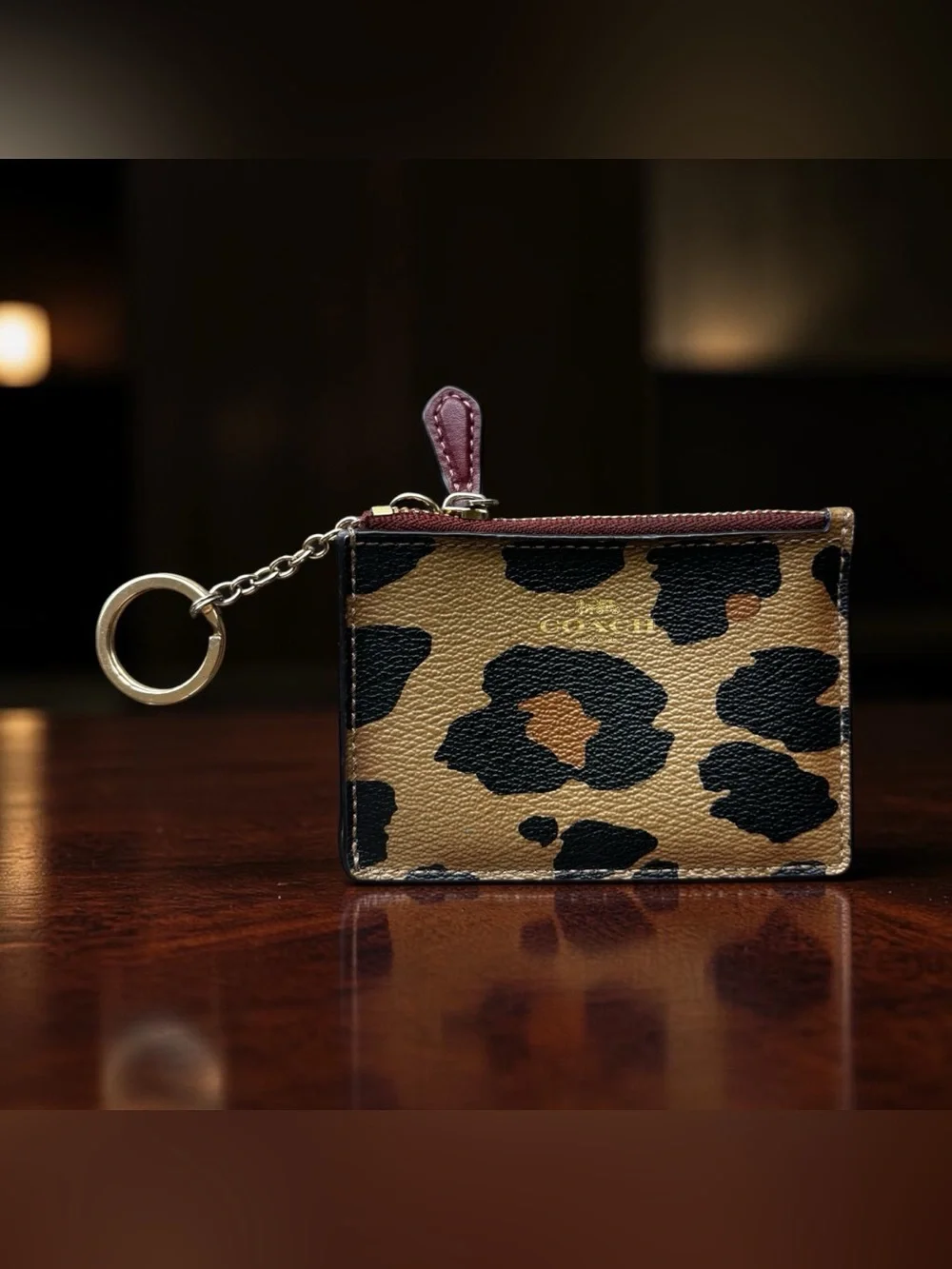 Coach Leopard Print Key & Card Holder with Gold Ring